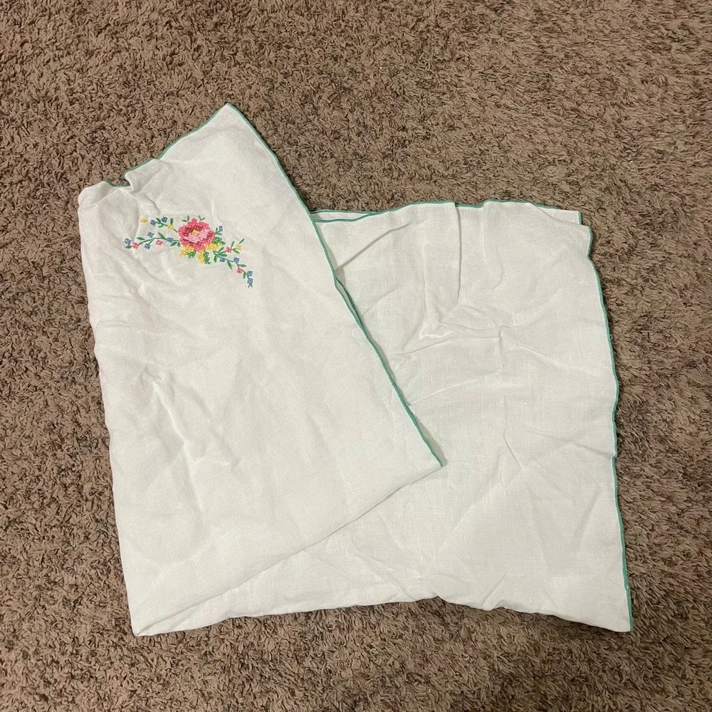 Vintage Embroidered Linen Tablecloth Floral Green Trim Kitchen‎ Dining